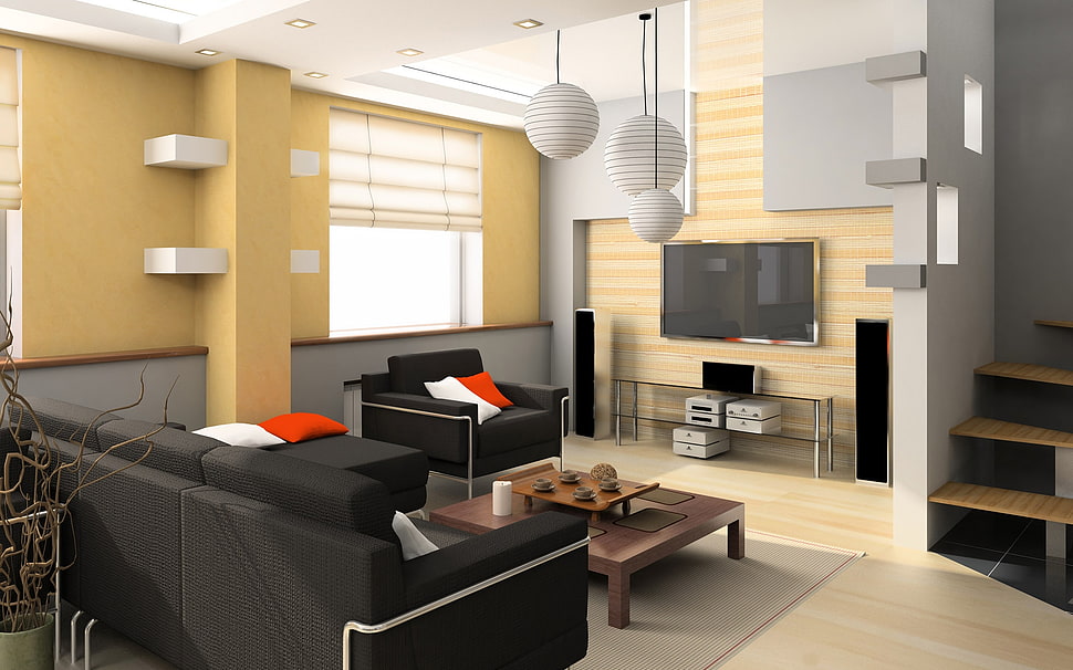 black and brown living room furniture set HD wallpaper